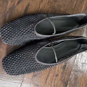 J Crew mesh square toe Mary jane beaded ballet flat with hotfix. Black.